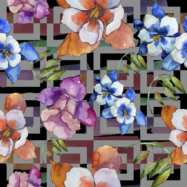 수채화 다채로운 Aquilegia 꽃입니다 꽃입니다 원활한 패턴입니다 패브릭 텍스처입니다 프레임에 — 스톡 사진