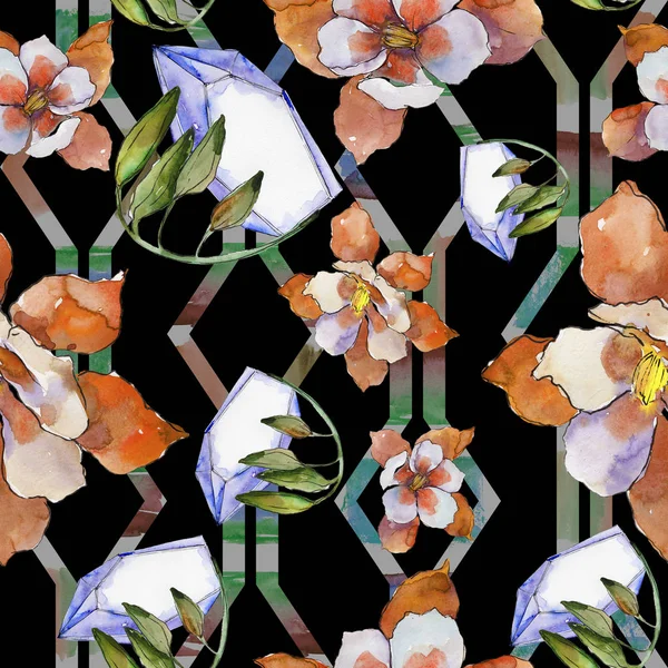 水彩のカラフルなオダマキの花 花植物の花 シームレスな背景パターン 壁紙印刷手触りの生地 テクスチャ ラッパー パターン フレーム Aquarelle ワイルドフラワー — ストック写真