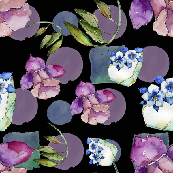 Watercolor Colorful Aquilegia Flower Floral Botanical Flower Seamless Background Pattern — Stock Photo, Image