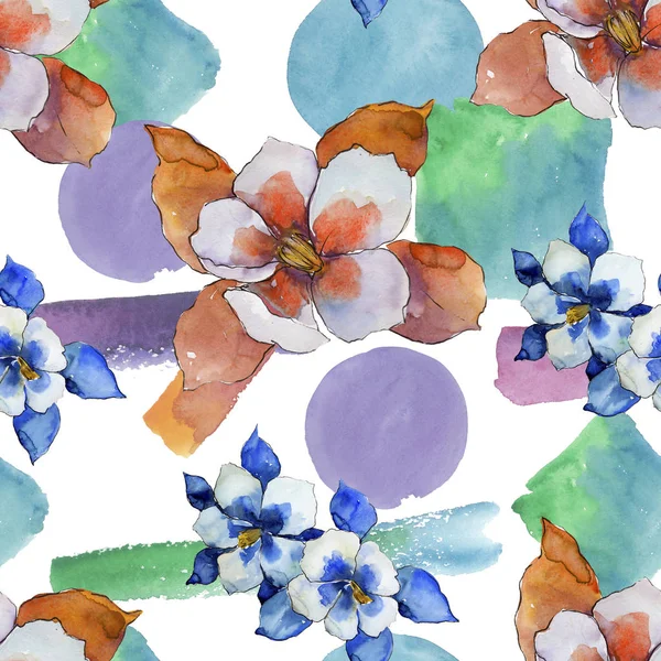 水彩のカラフルなオダマキの花 花植物の花 シームレスな背景パターン 壁紙印刷手触りの生地 テクスチャ ラッパー パターン フレーム Aquarelle ワイルドフラワー — ストック写真