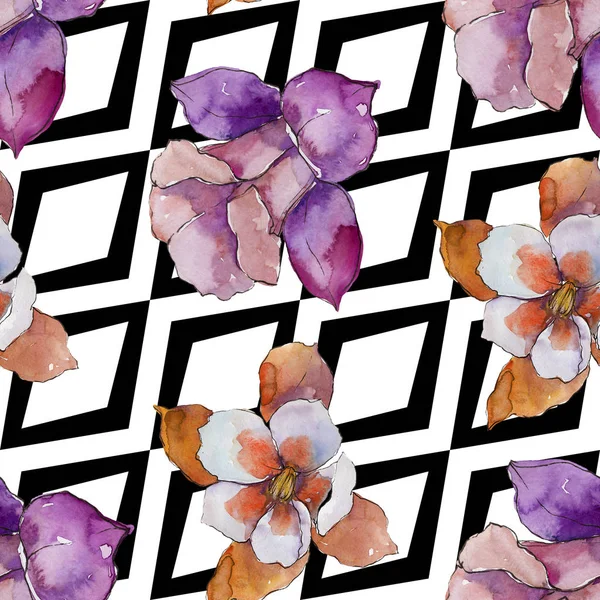 Sulu boya renkli aquilegia çiçek. Botanik çiçek. Sorunsuz arka plan deseni. Kumaş duvar kağıdı yazdırma doku. Arka plan, doku, sarıcı desen, çerçeve için Aquarelle kır çiçeği.