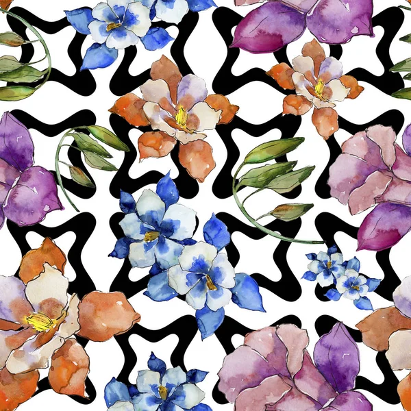 Watercolor Colorful Aquilegia Flower Floral Botanical Flower Seamless Background Pattern — Stock Photo, Image