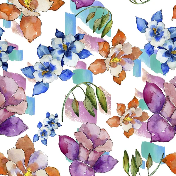Aquarel Kleurrijk Aquilegia Bloem Floral Botanische Bloem Naadloze Achtergrondpatroon Structuur — Stockfoto