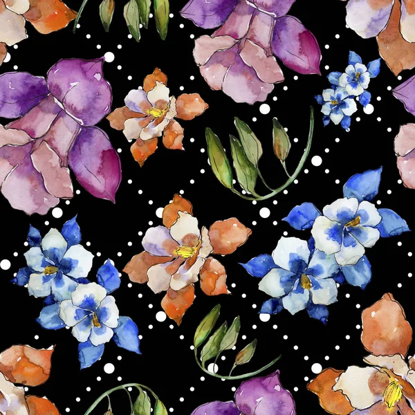 Watercolor Colorful Aquilegia Flower Floral Botanical Flower Seamless Background Pattern — Stock Photo, Image