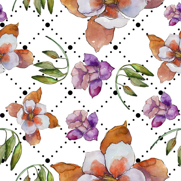 Watercolor colorful aquilegia flower. Floral botanical flower. Seamless background pattern. Fabric wallpaper print texture. Aquarelle wildflower for background, texture, wrapper pattern, frame.
