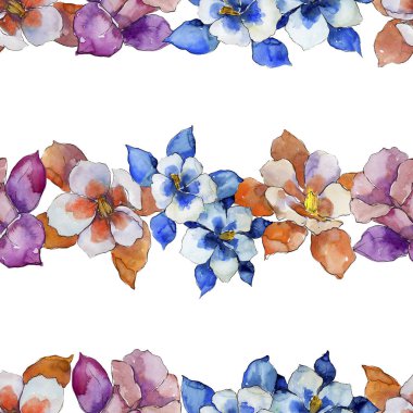 Sulu boya renkli aquilegia çiçek. Botanik çiçek. Sorunsuz arka plan deseni. Kumaş duvar kağıdı yazdırma doku. Arka plan, doku, sarıcı desen, çerçeve için Aquarelle kır çiçeği.