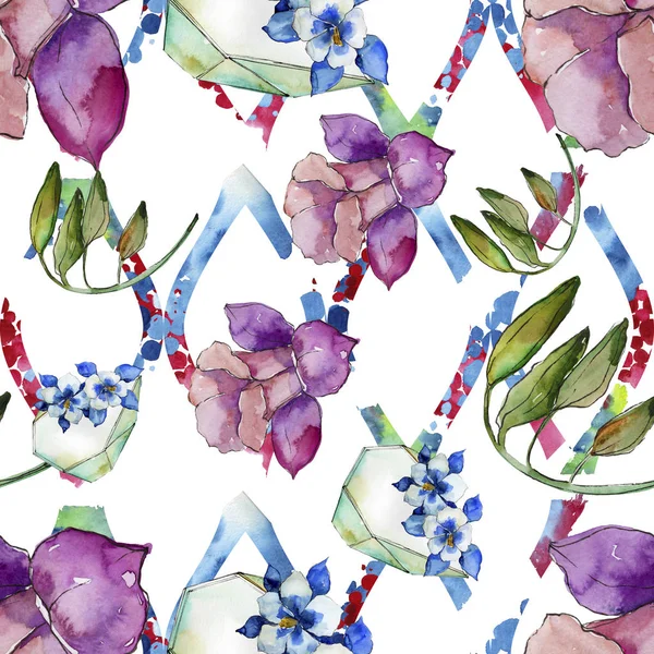 Sulu boya renkli aquilegia çiçek. Botanik çiçek. Sorunsuz arka plan deseni. Kumaş duvar kağıdı yazdırma doku. Arka plan, doku, sarıcı desen, çerçeve için Aquarelle kır çiçeği.