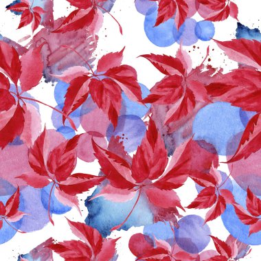 Suluboya kırmızı üzüm yaprakları. Yaprak bitki botanik bahçe çiçek yaprakları. Sorunsuz arka plan deseni. Kumaş duvar kağıdı yazdırma doku. Aquarelle yaprak için arka plan, doku, sarıcı desen.