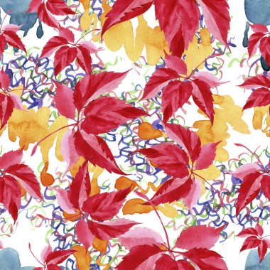 Suluboya kırmızı üzüm yaprakları. Yaprak bitki botanik bahçe çiçek yaprakları. Sorunsuz arka plan deseni. Kumaş duvar kağıdı yazdırma doku. Aquarelle yaprak için arka plan, doku, sarıcı desen.