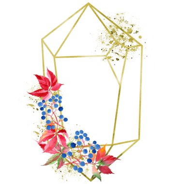 Suluboya kırmızı üzüm yaprakları. İzole illüstrasyon öğesi. Geometrik kuvars çokgen kristal taş mozaik şekil Ametist mücevher. Aquarelle yaprak arka plan, doku, çerçeve veya kenarlık.