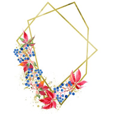 Suluboya kırmızı üzüm yaprakları. İzole illüstrasyon öğesi. Geometrik kuvars çokgen kristal taş mozaik şekil Ametist mücevher. Aquarelle yaprak arka plan, doku, çerçeve veya kenarlık.