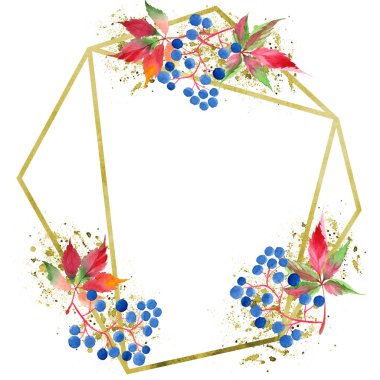 Suluboya kırmızı üzüm yaprakları. İzole illüstrasyon öğesi. Geometrik kuvars çokgen kristal taş mozaik şekil Ametist mücevher. Aquarelle yaprak arka plan, doku, çerçeve veya kenarlık.