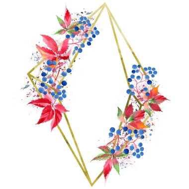 Suluboya kırmızı üzüm yaprakları. İzole illüstrasyon öğesi. Geometrik kuvars çokgen kristal taş mozaik şekil Ametist mücevher. Aquarelle yaprak arka plan, doku, çerçeve veya kenarlık.