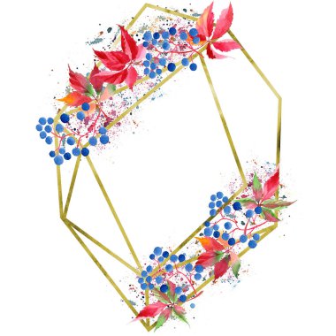 Suluboya kırmızı üzüm yaprakları. İzole illüstrasyon öğesi. Geometrik kuvars çokgen kristal taş mozaik şekil Ametist mücevher. Aquarelle yaprak arka plan, doku, çerçeve veya kenarlık.