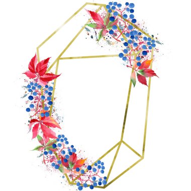 Suluboya kırmızı üzüm yaprakları. İzole illüstrasyon öğesi. Geometrik kuvars çokgen kristal taş mozaik şekil Ametist mücevher. Aquarelle yaprak arka plan, doku, çerçeve veya kenarlık.