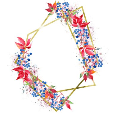 Suluboya kırmızı üzüm yaprakları. İzole illüstrasyon öğesi. Geometrik kuvars çokgen kristal taş mozaik şekil Ametist mücevher. Aquarelle yaprak arka plan, doku, çerçeve veya kenarlık.