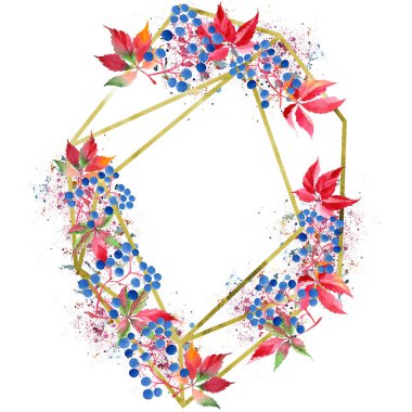 Suluboya kırmızı üzüm yaprakları. İzole illüstrasyon öğesi. Geometrik kuvars çokgen kristal taş mozaik şekil Ametist mücevher. Aquarelle yaprak arka plan, doku, çerçeve veya kenarlık.