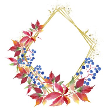 Suluboya kırmızı üzüm yaprakları. Yaprak bitki botanik bahçe çiçek yaprakları. Çerçeve kenarlığı süsleme Meydanı. Aquarelle yaprak için arka plan, doku, sarıcı desen, çerçeve veya kenarlık.