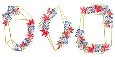 Suluboya kırmızı üzüm yaprakları. İzole illüstrasyon öğesi. Geometrik kuvars çokgen kristal taş mozaik şekil Ametist mücevher. Aquarelle yaprak arka plan, doku, çerçeve veya kenarlık.