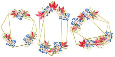 Suluboya kırmızı üzüm yaprakları. İzole illüstrasyon öğesi. Geometrik kuvars çokgen kristal taş mozaik şekil Ametist mücevher. Aquarelle yaprak arka plan, doku, çerçeve veya kenarlık.