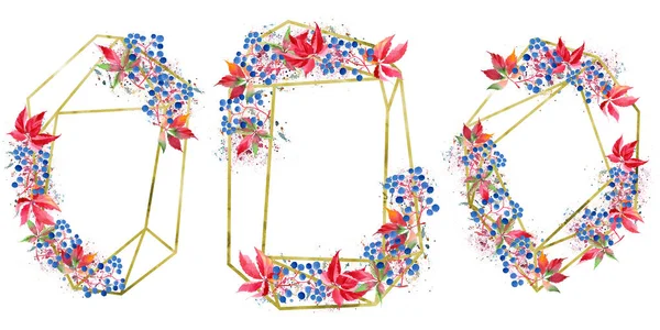 Suluboya kırmızı üzüm yaprakları. İzole illüstrasyon öğesi. Geometrik kuvars çokgen kristal taş mozaik şekil Ametist mücevher. Aquarelle yaprak arka plan, doku, çerçeve veya kenarlık.