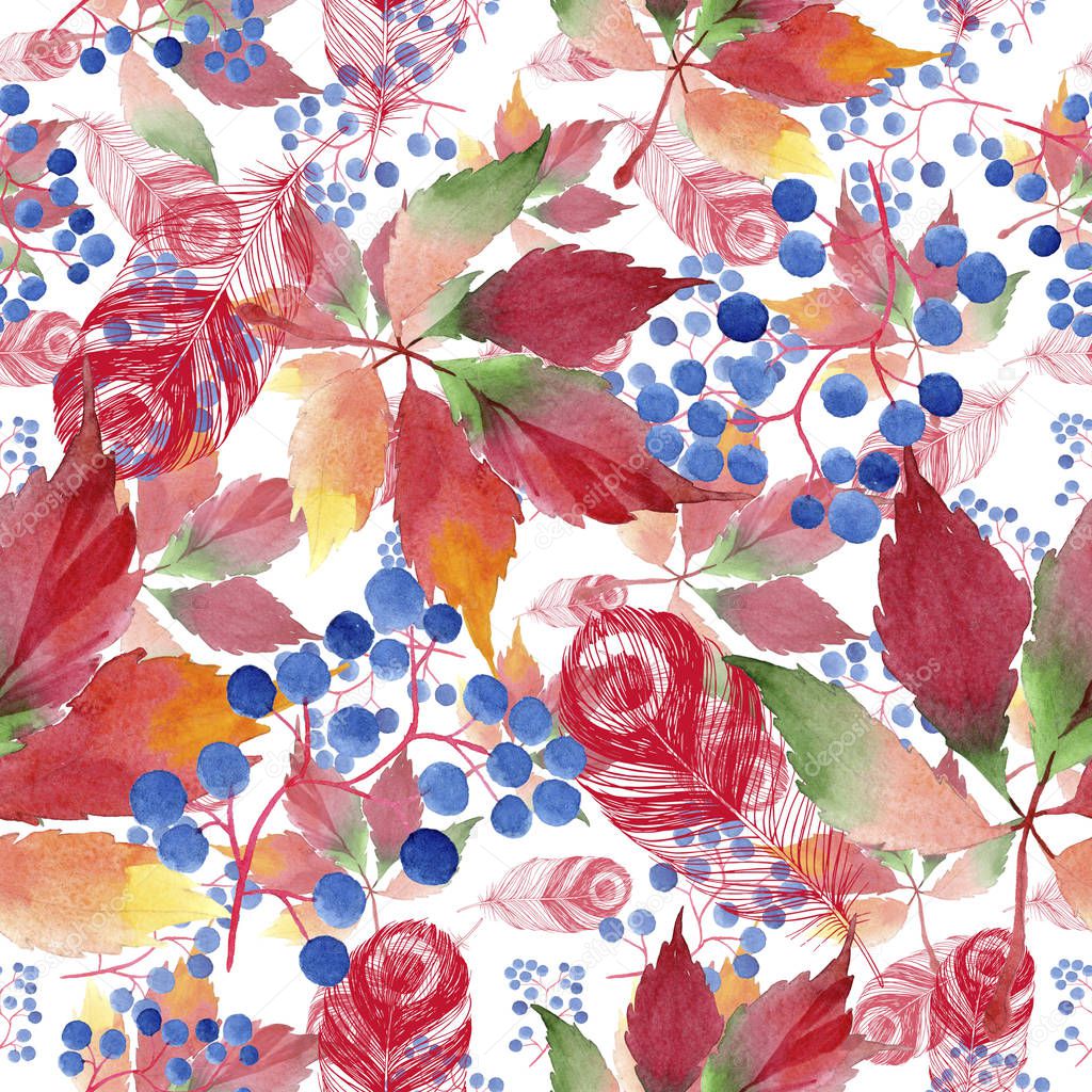 Watercolor red grapes leaves. Leaf plant botanical garden floral foliage. Seamless background pattern. Fabric wallpaper print texture. Aquarelle leaf for background, texture, wrapper pattern.