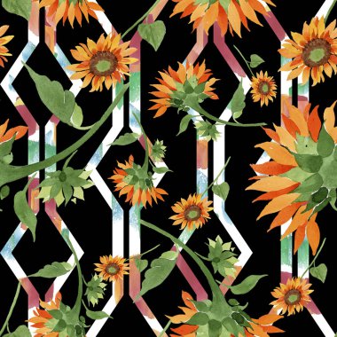 Suluboya portakal çiçeği ayçiçeği. Botanik çiçek. Sorunsuz arka plan deseni. Kumaş duvar kağıdı yazdırma doku. Arka plan, doku, sarıcı desen, kenarlık için Aquarelle kır çiçeği.