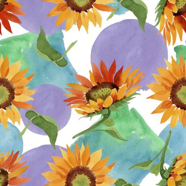 Suluboya portakal çiçeği ayçiçeği. Botanik çiçek. Sorunsuz arka plan deseni. Kumaş duvar kağıdı yazdırma doku. Arka plan, doku, sarıcı desen, kenarlık için Aquarelle kır çiçeği.