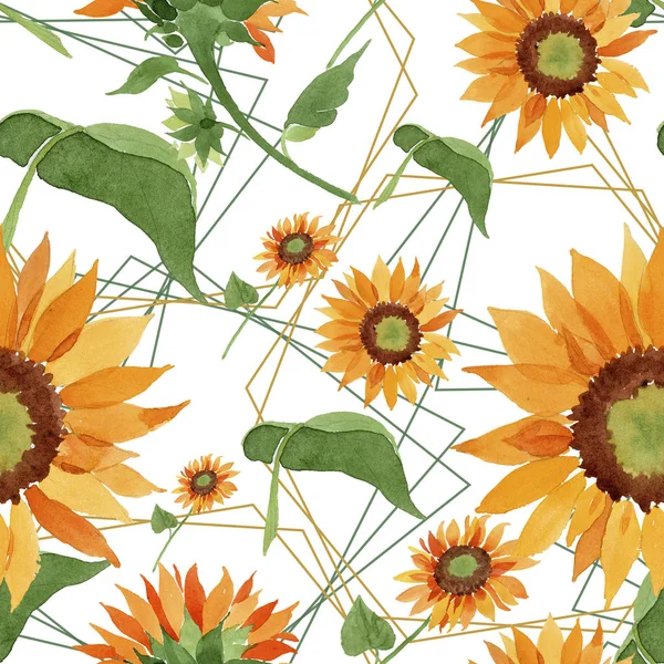 水彩橙向日葵花 花卉植物花 无缝的背景图案 织物墙纸打印纹理 水彩画野花为背景 包装图案 — 图库照片