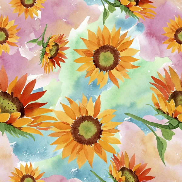 Watercolor Orange Sunflower Flower Floral Botanical Flower Seamless Background Pattern — Stock Photo, Image
