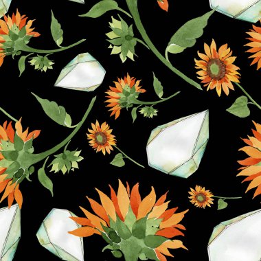 Suluboya portakal çiçeği ayçiçeği. Botanik çiçek. Sorunsuz arka plan deseni. Kumaş duvar kağıdı yazdırma doku. Arka plan, doku, sarıcı desen, kenarlık için Aquarelle kır çiçeği.