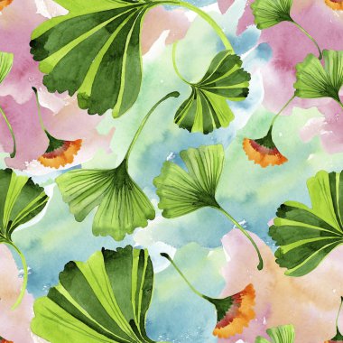 Renkli yaprakları ginkgo. Yaprak bitki botanik bahçe çiçek yaprakları. Sorunsuz arka plan deseni. Kumaş duvar kağıdı yazdırma doku. Aquarelle yaprak için arka plan, doku, sarıcı desen.