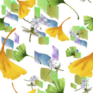 Renkli yaprakları ginkgo. Yaprak bitki botanik bahçe çiçek yaprakları. Sorunsuz arka plan deseni. Kumaş duvar kağıdı yazdırma doku. Aquarelle yaprak için arka plan, doku, sarıcı desen.