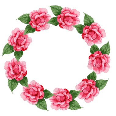 Sulu boya pembe Kamelya tırmanma çiçek. Botanik çiçek. Çerçeve kenarlığı süsleme Meydanı. Arka plan, doku, sarıcı desen, çerçeve veya kenarlık için Aquarelle kır çiçeği.