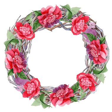 Sulu boya pembe Kamelya tırmanma çiçek. Botanik çiçek. Çerçeve kenarlığı süsleme Meydanı. Arka plan, doku, sarıcı desen, çerçeve veya kenarlık için Aquarelle kır çiçeği.