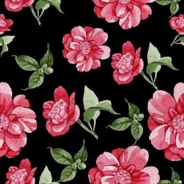 Sulu boya pembe Kamelya tırmanma çiçek. Botanik çiçek. Sorunsuz arka plan deseni. Kumaş duvar kağıdı yazdırma doku. Arka plan, doku, sarıcı desen, kenarlık için Aquarelle kır çiçeği.