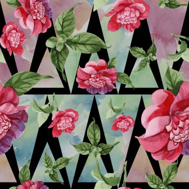 Sulu boya pembe Kamelya tırmanma çiçek. Botanik çiçek. Sorunsuz arka plan deseni. Kumaş duvar kağıdı yazdırma doku. Arka plan, doku, sarıcı desen, kenarlık için Aquarelle kır çiçeği.