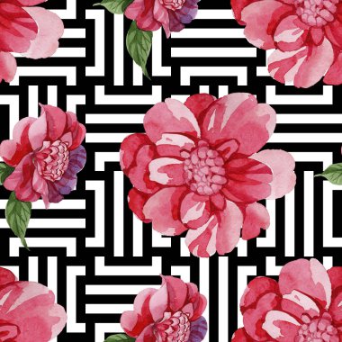 Sulu boya pembe Kamelya tırmanma çiçek. Botanik çiçek. Sorunsuz arka plan deseni. Kumaş duvar kağıdı yazdırma doku. Arka plan, doku, sarıcı desen, kenarlık için Aquarelle kır çiçeği.