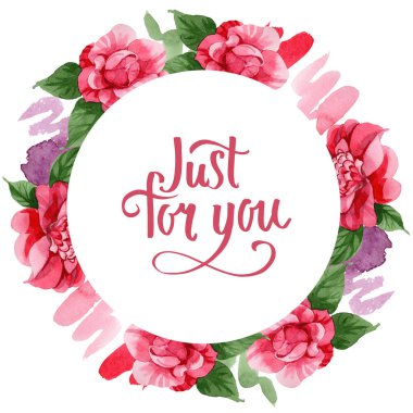 Sulu boya pembe Kamelya tırmanma çiçek. Botanik çiçek. Çerçeve kenarlığı süsleme Meydanı. Arka plan, doku, sarıcı desen, çerçeve veya kenarlık için Aquarelle kır çiçeği.