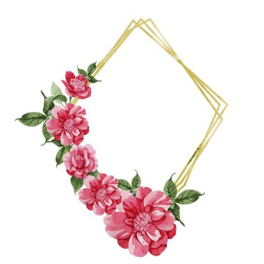 Sulu boya pembe Kamelya tırmanma çiçek. Botanik çiçek. Çerçeve kenarlığı süsleme Meydanı. Arka plan, doku, sarıcı desen, çerçeve veya kenarlık için Aquarelle kır çiçeği.