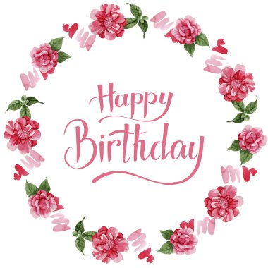 Sulu boya pembe Kamelya tırmanma çiçek. Botanik çiçek. Çerçeve kenarlığı süsleme Meydanı. Arka plan, doku, sarıcı desen, çerçeve veya kenarlık için Aquarelle kır çiçeği.