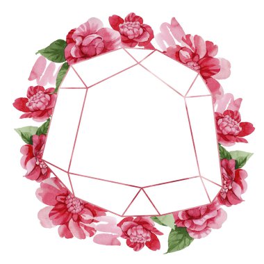 Sulu boya pembe Kamelya tırmanma çiçek. Botanik çiçek. Çerçeve kenarlığı süsleme Meydanı. Arka plan, doku, sarıcı desen, çerçeve veya kenarlık için Aquarelle kır çiçeği.