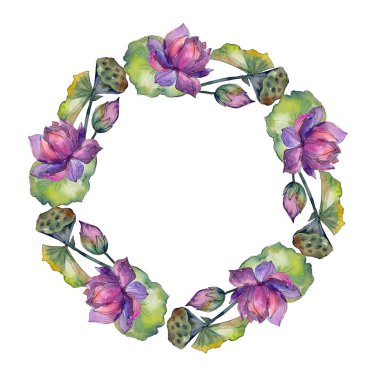 Sulu boya renkli lotus çiçeği. Botanik çiçek. Çerçeve kenarlığı süsleme Meydanı. Arka plan, doku, sarıcı desen, çerçeve veya kenarlık için Aquarelle kır çiçeği.