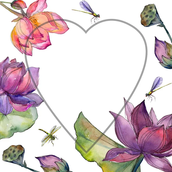 Akvarelu Barevný Lotosový Květ Květinové Botanické Květin Frame Hranice Ozdoba — Stock fotografie