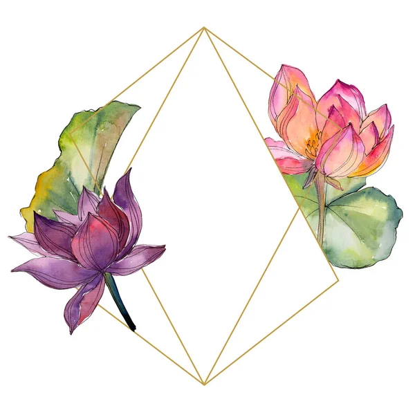 Watercolor Colorful Lotus Flower Floral Botanical Flower Frame Border Ornament — Stock Photo, Image