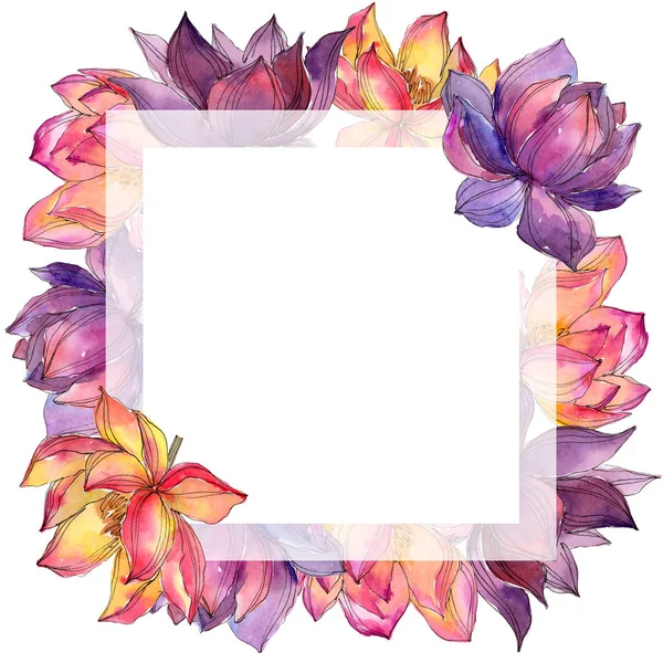 Ακουαρέλα Πολύχρωμο Λωτό Floral Βοτανικό Λουλούδι Πλατεία Στολίδι Περίγραμμα Πλαισίου — Φωτογραφία Αρχείου