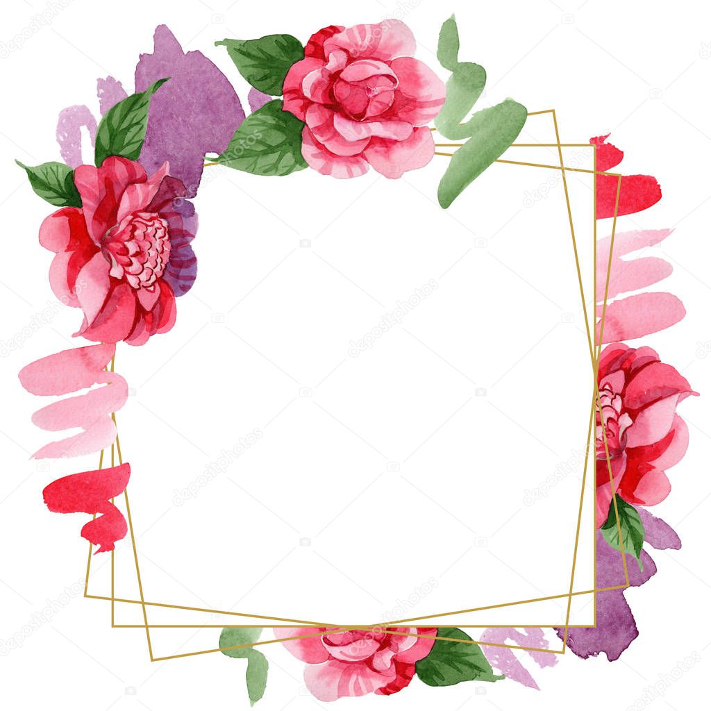 Watercolor pink camellia climbing flower. Floral botanical flower. Frame border ornament square. Aquarelle wildflower for background, texture, wrapper pattern, frame or border.