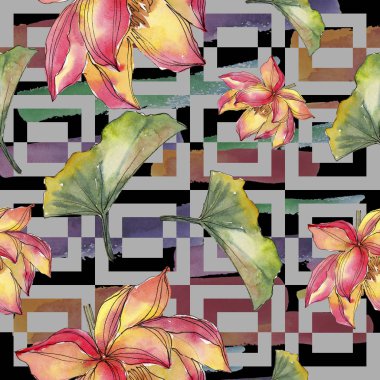 Sulu boya renkli lotus çiçeği. Botanik çiçek. Sorunsuz arka plan deseni. Kumaş duvar kağıdı yazdırma doku. Arka plan, doku, sarıcı desen, çerçeve veya kenarlık için Aquarelle kır çiçeği.