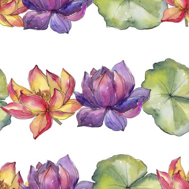 Sulu boya renkli lotus çiçeği. Botanik çiçek. Sorunsuz arka plan deseni. Kumaş duvar kağıdı yazdırma doku. Arka plan, doku, sarıcı desen, çerçeve veya kenarlık için Aquarelle kır çiçeği.