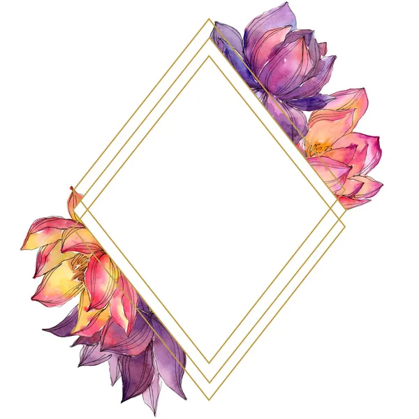 Acquerello Colorato Fiore Loto Fiore Botanico Floreale Quadrato Ornamento Bordo — Foto Stock